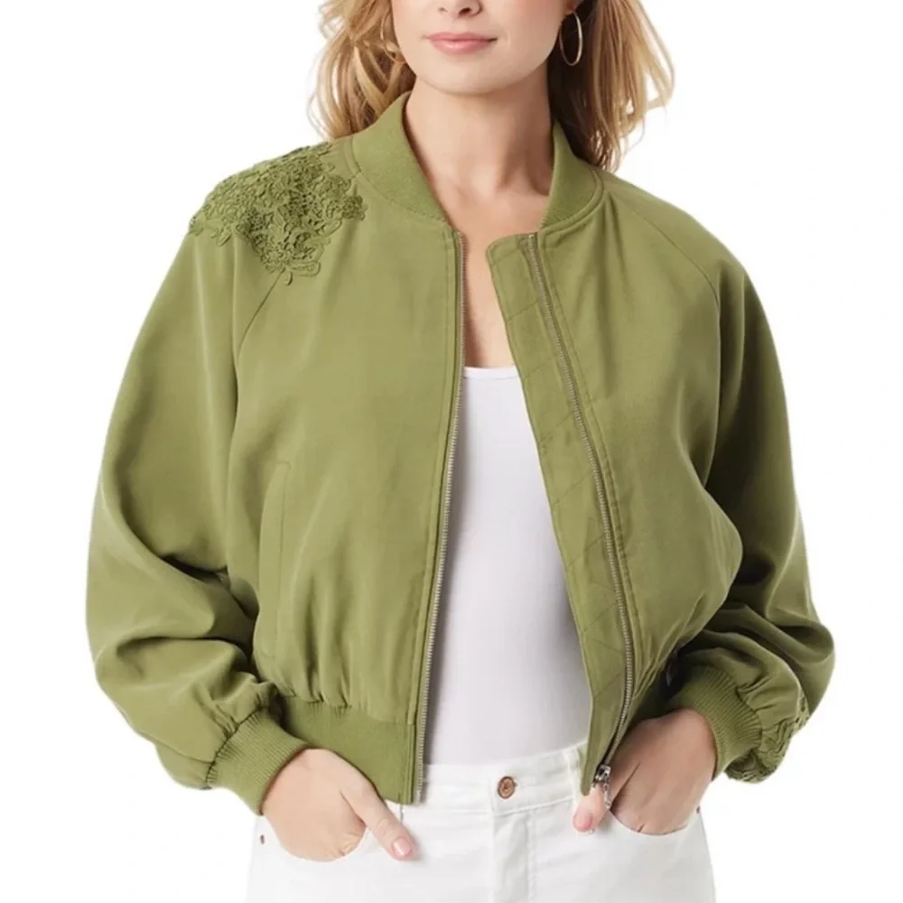 Jessica Simpson Crotchet Trim Olive Green Bomber Jacket Size S